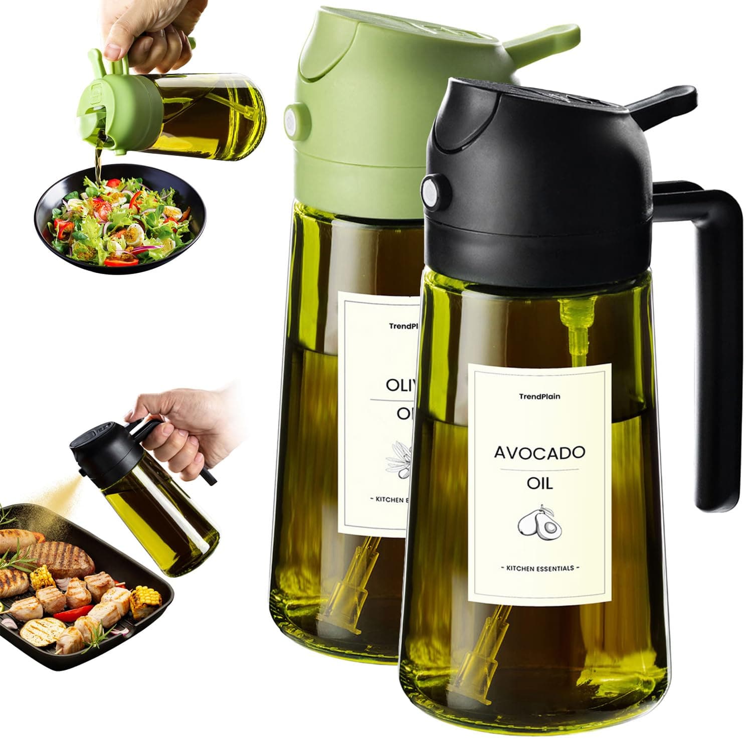 TrendPlain - Original 16oz/470ml Olive Oil Dispenser Bottle for Kitchen Gadgets and Air Fryer Accessories - Olive Oil Sprayer for Cooking w/Stickers - Black&Green 2 Pack Black&Green
