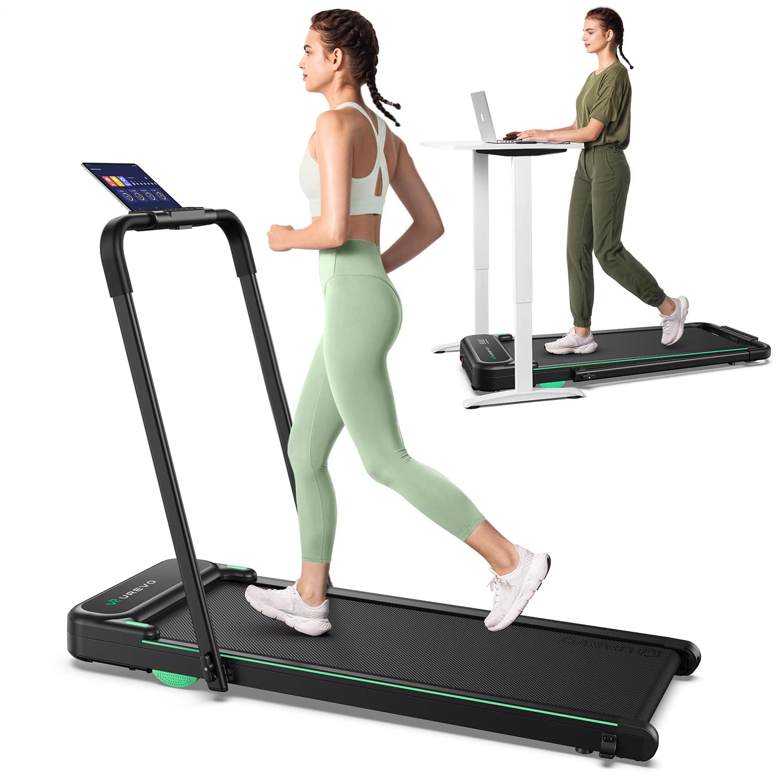 UREVO Strol 2E Smart 2-in-1 Folding Treadmill, Compact Walking Pad with Safety Handle, Plug and Play, Standing Desk Treadmill with Dual LED Display, Smart APP, Walking or Running for Home Office Flaxen