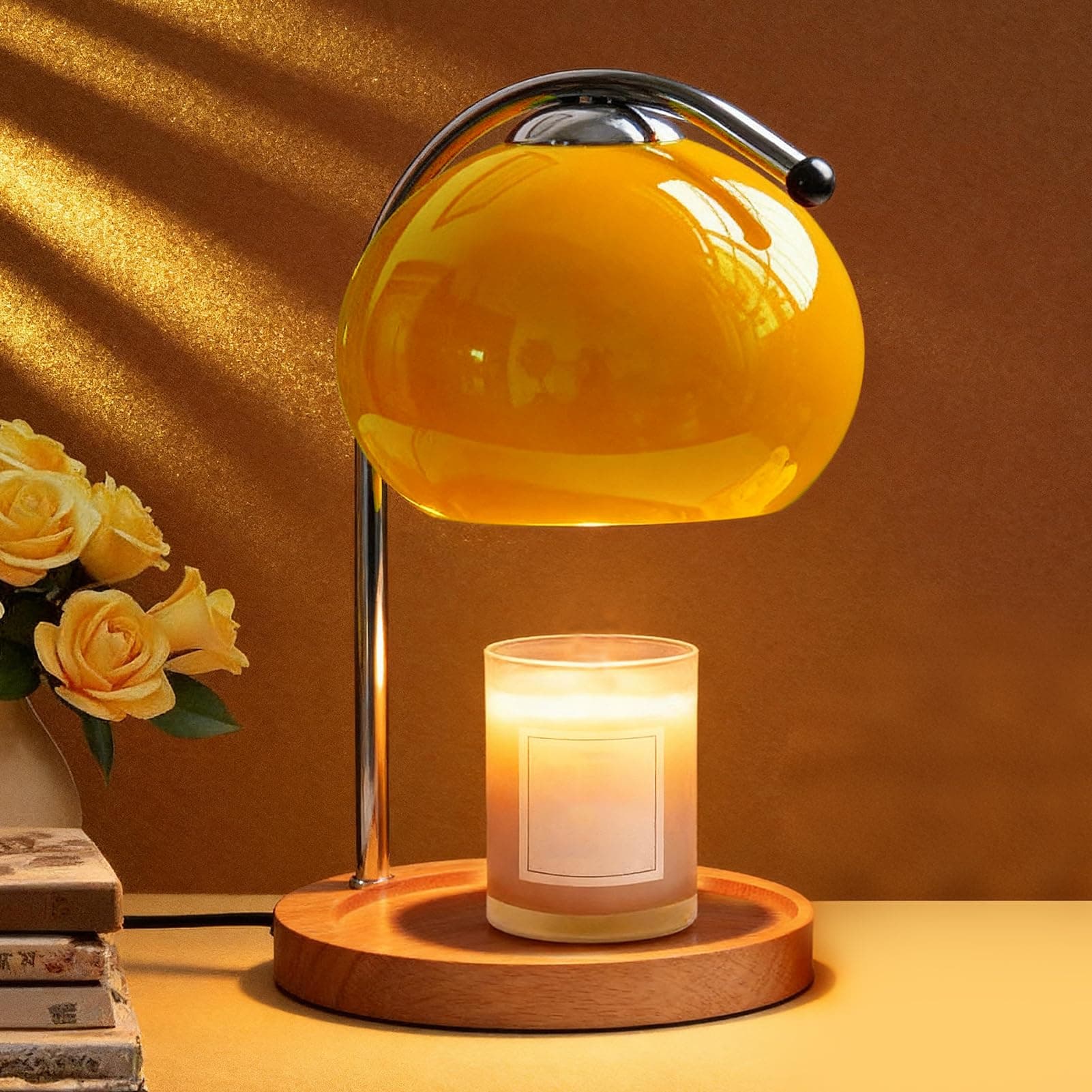 Topyond Aroma Wax Melting Lamp Retro Wood Storage Tray Glass Candle Warmer Desk Lamp Bedroom Bedside Ambient Table Lamp Home Decor US Plug Orange for Valentine's Day