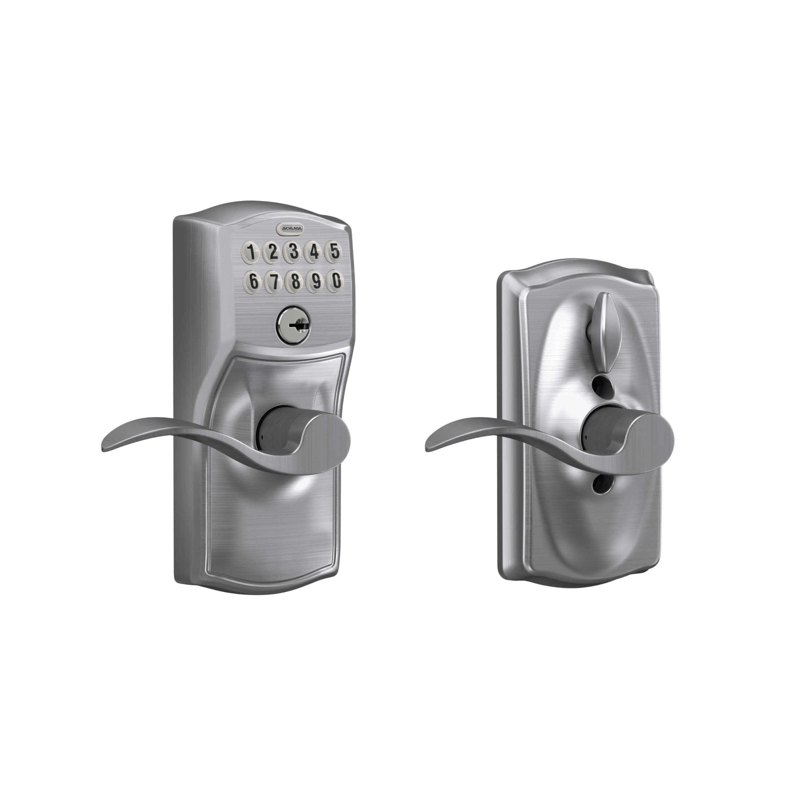 Schlage Camelot Keypad Lock with Lever Handle, Electronic Keyless Door Entry, Flex Lock Auto‑Lock Option, Satin Chrome, FE595 CAM 626 ACC Satin Chrome Accent Lever Camelot Trim