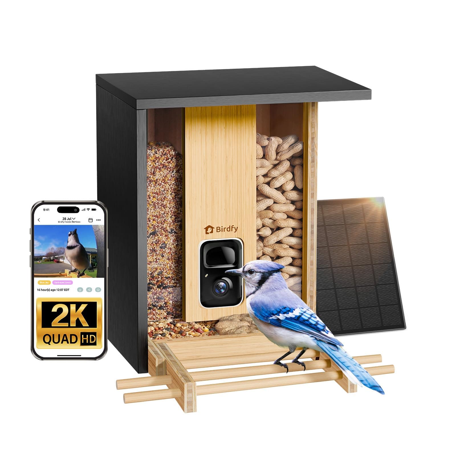 NETVUE by Birdfy Smart Bird Feeder with Camera Solar Powered 2K Live Steam&AI Bird Species Identification&Motion Detection,Birds Watching Wood Feeder for Chistmas Gift for mom,Children and Myself AI 7 Day Trial