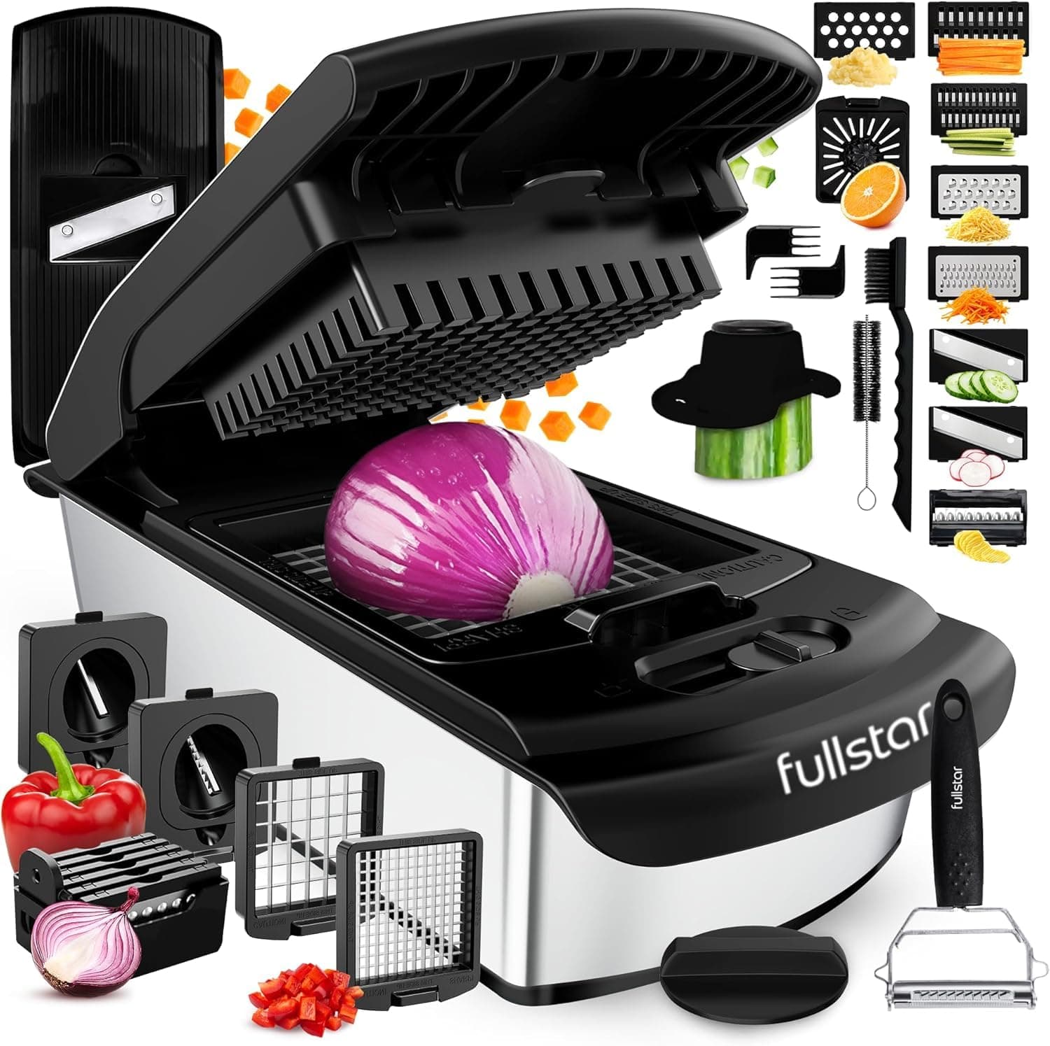 Fullstar Premium Vegetable Chopper and Mandoline Slicer - Food Chopper and Spiralizer with Container, Julienne Slicer, Fruit Slicer, Veggie Cutter, Kitchen Gadgets & Gift for Mom (14 in 1, Steel) Stainless Steel 14 in 1