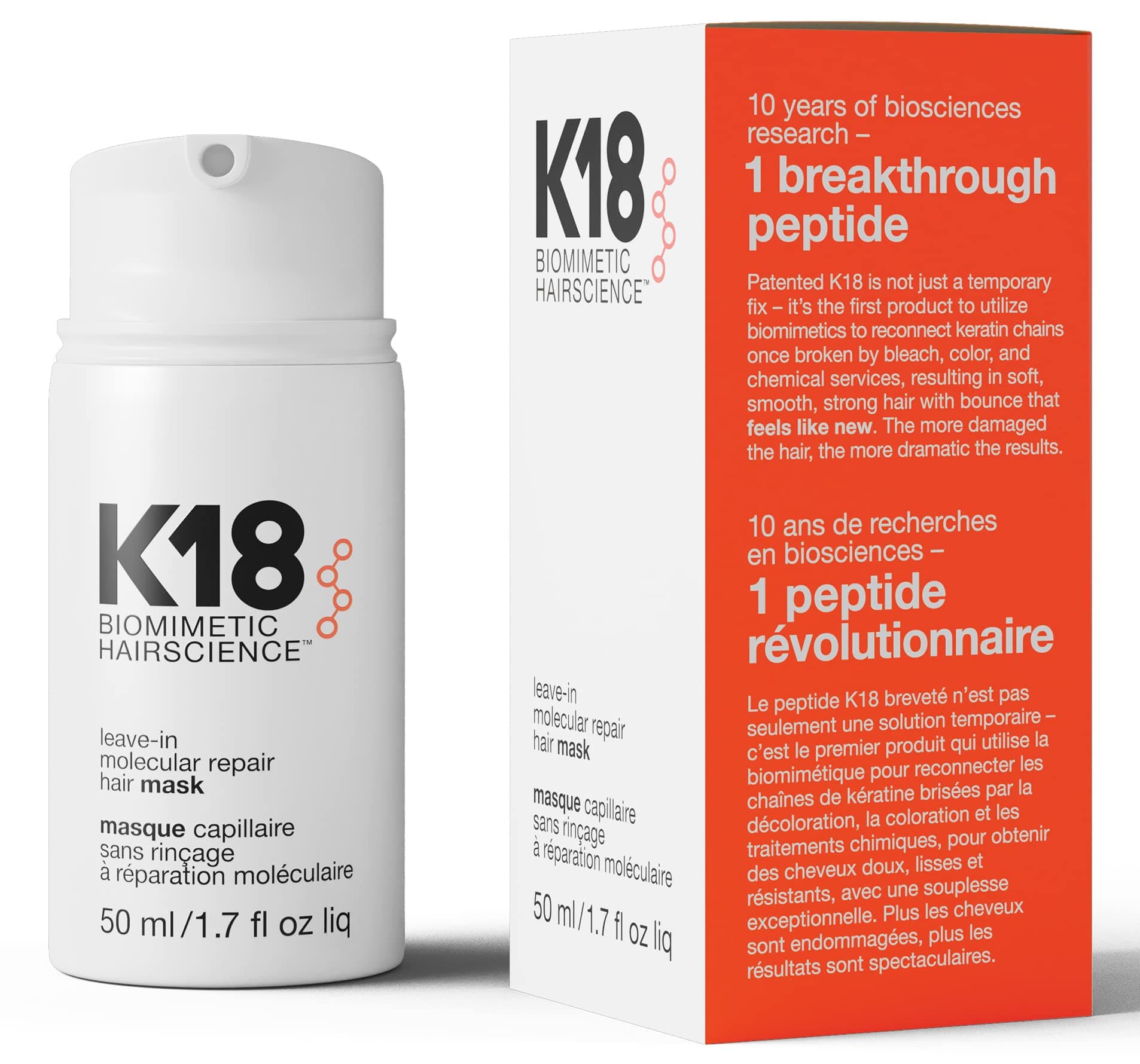 K18 Leave-In Molecular Repair Hair Mask, Patented, Lasting Repair For Dry, Frizzy, Damaged Hair, Reverse Damage In 4 Minutes From Bleach, Color, Chemical Services + Heat 50 ml