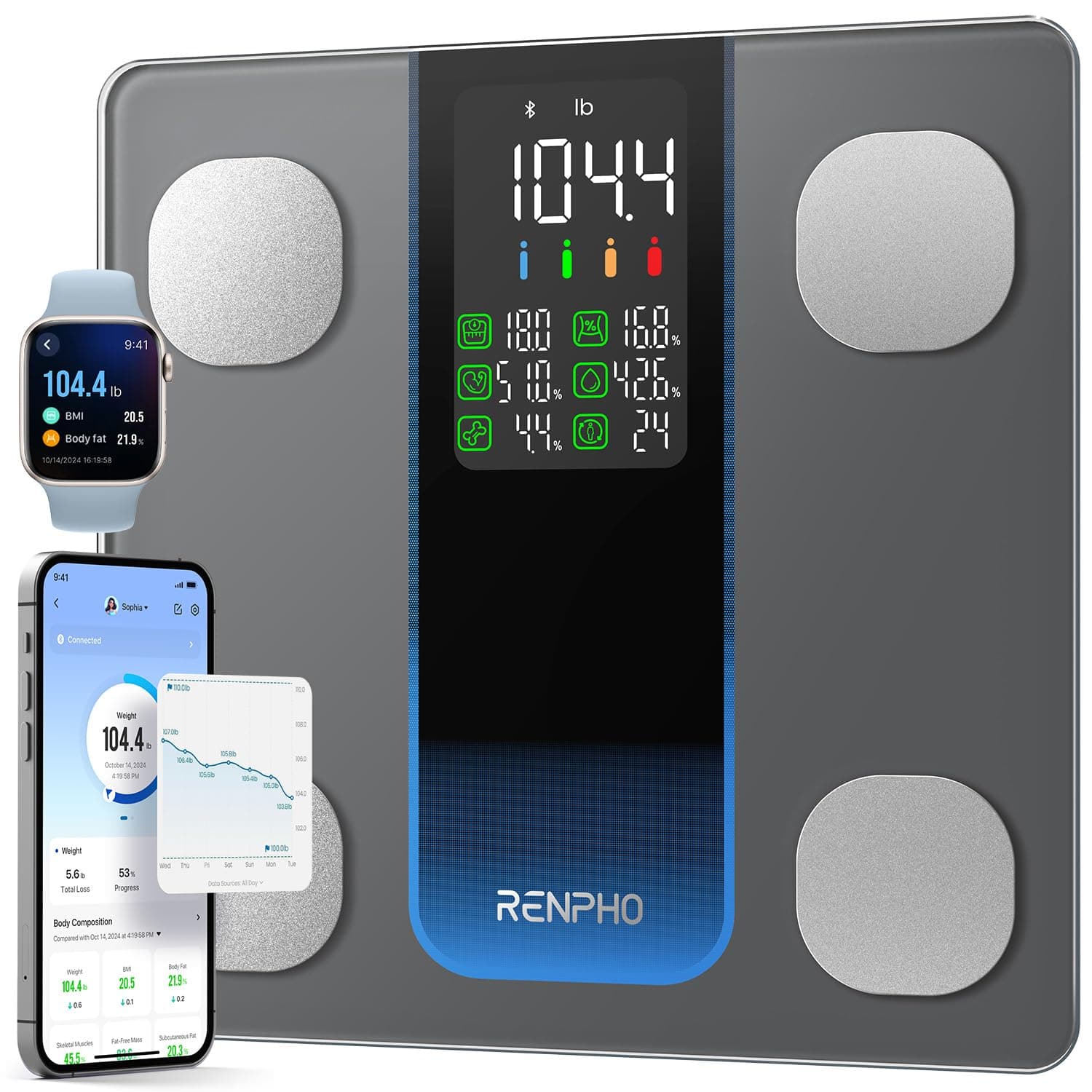 RENPHO Smart Scale for Body Weight, Weight Scale with 7-in-1 Large Display for BMI, Body Fat, Muscle Mass, 13 Body Composition, High Accurate Bluetooth Scale, 500lbs, 11.8", Elis 2XL Grey