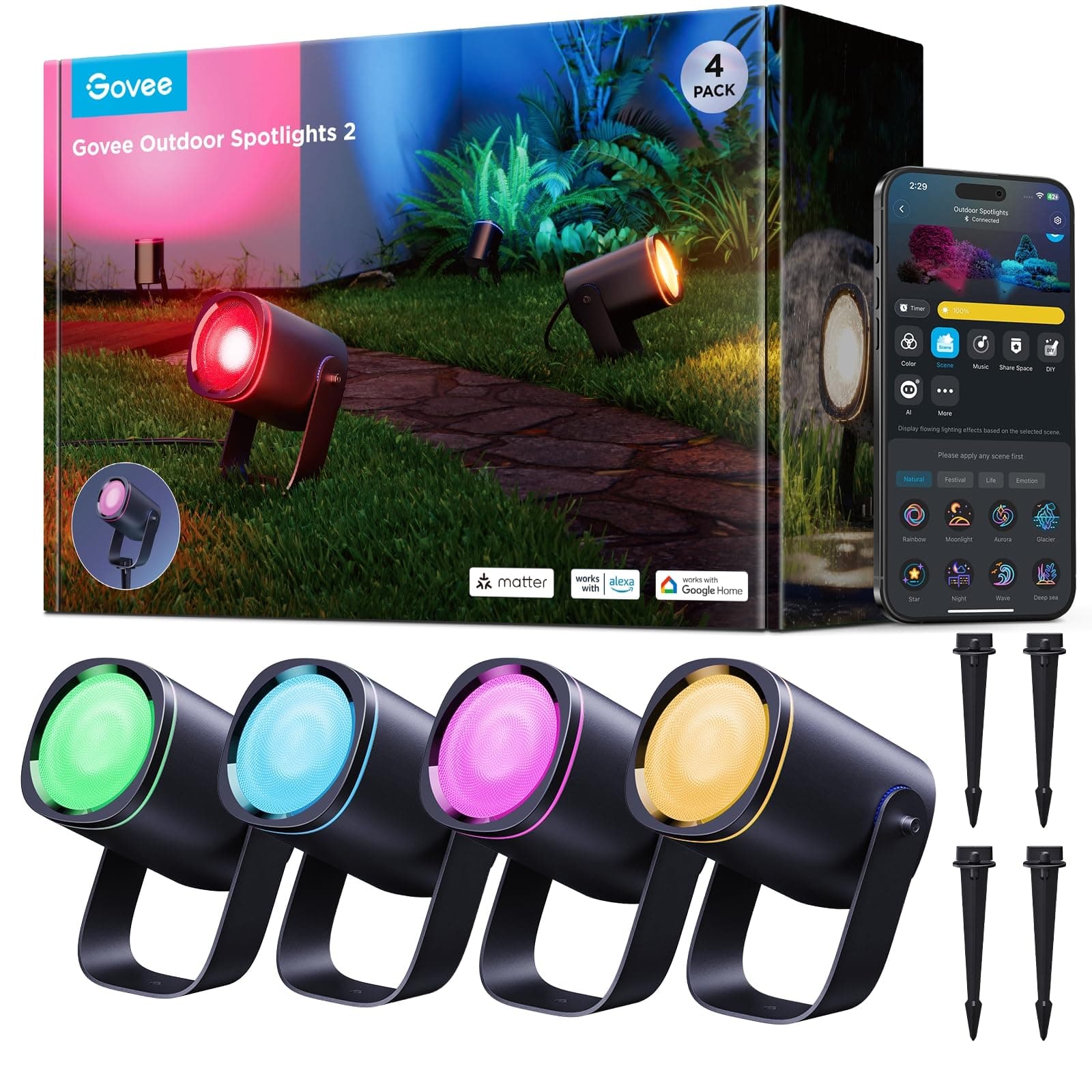 Govee Outdoor Spot Lights 2, IP67 Waterproof Spotlights, Landscape Lights Work with Matter, Alexa, and Google Assistant, RGBWIC Color Changing Light for Outdoor Decor, Patio Decorations, 4 Pack